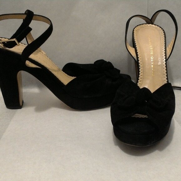 Charlotte Olympia Black Peep Toe Sandal Heels with Bows | Suede EU39 | US 8 - Picture 4 of 15